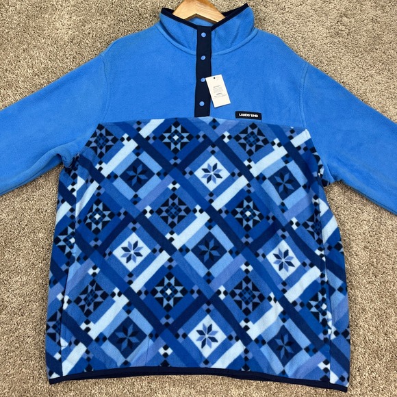 Lands End Heritage Pullover Womens L 14-16 Blue Long Sleeve Fleece Snap Neck NEW - Picture 2 of 12